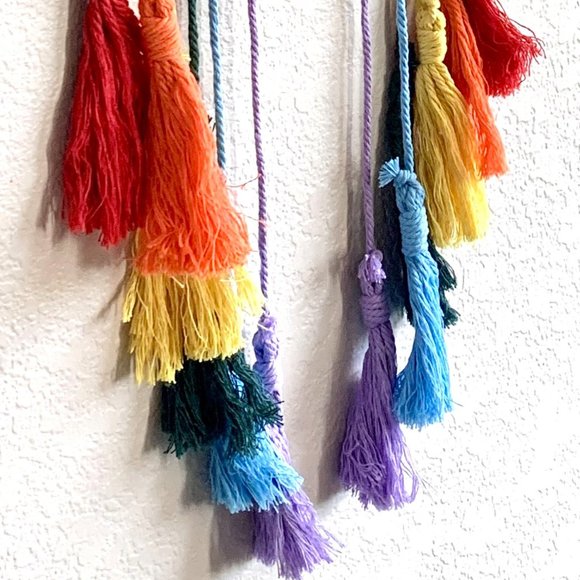 Woven Tasseled Bright Rainbow Wall Hanging Baby Nursery Children's Room Decor - Picture 4 of 6